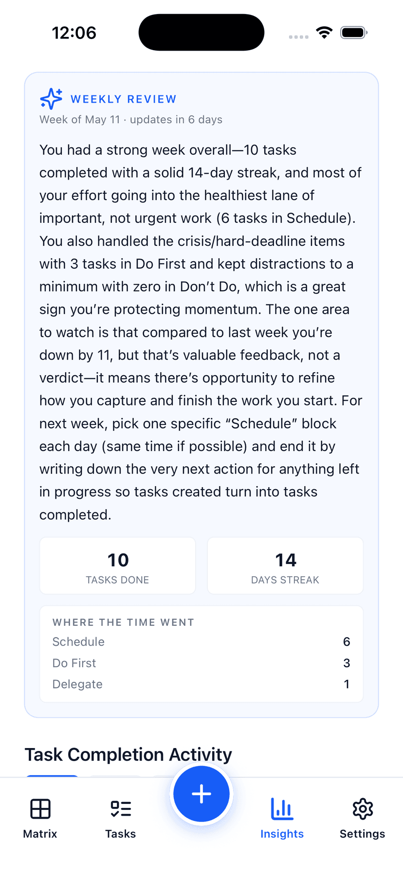 Focus Matrix Pro Insights screen showing this week's AI coaching review paragraph and completion stats