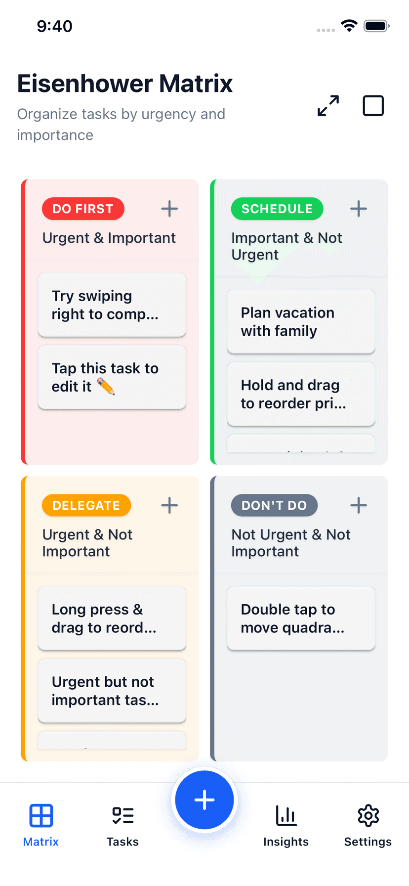 Focus Matrix Pro - Eisenhower Matrix App showing tasks organized in four quadrants