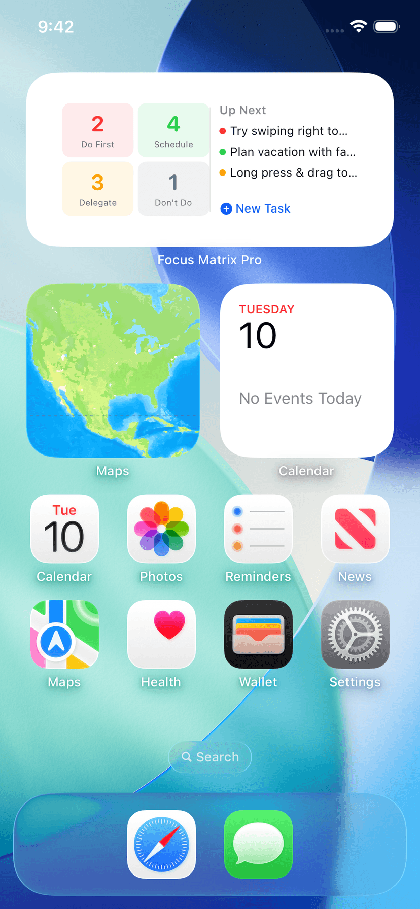 Focus Matrix Pro widget on iPhone home screen alongside other apps
